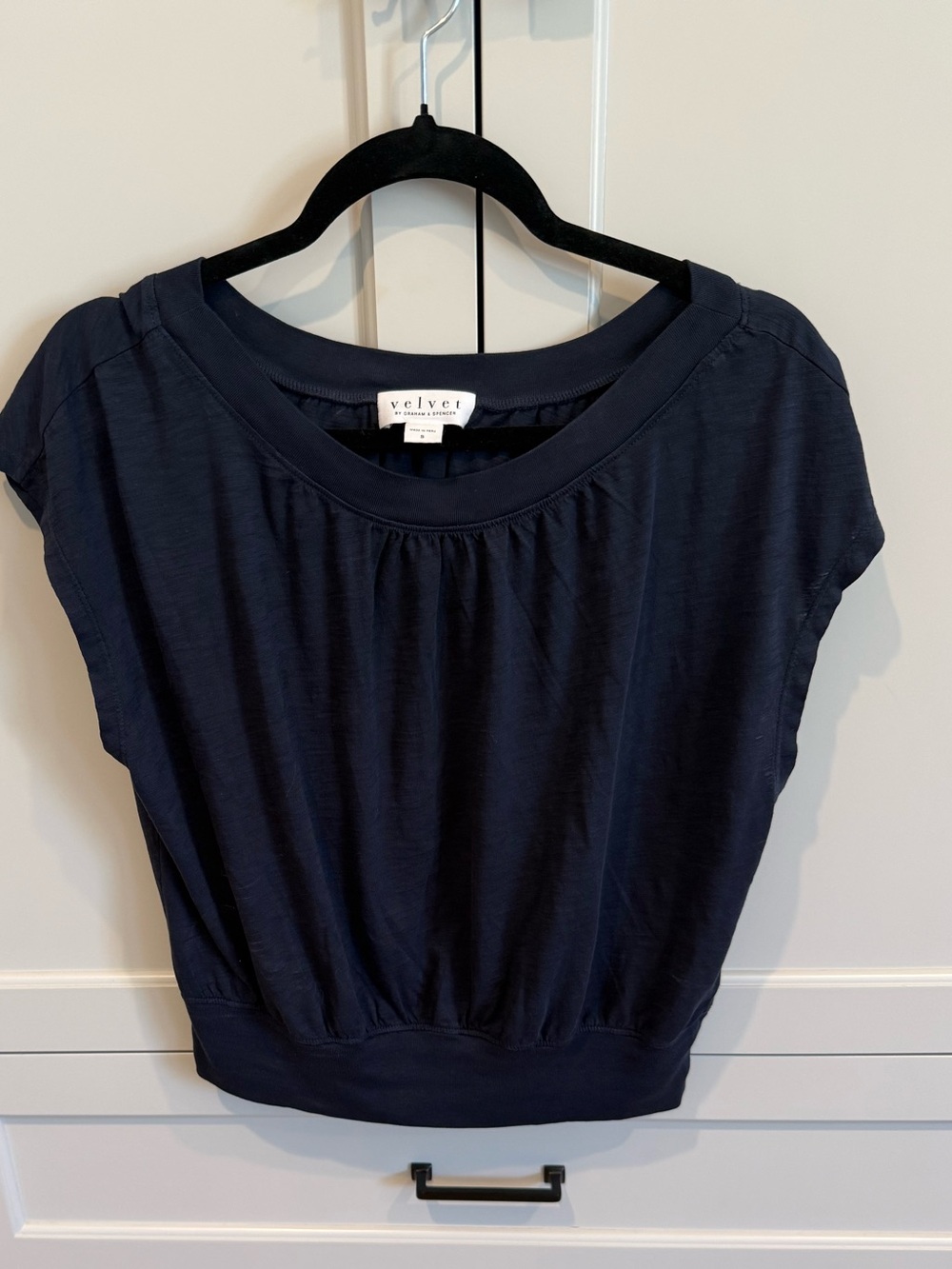 Velvet Navy Short Sleeve Band-Hem Scoop Top